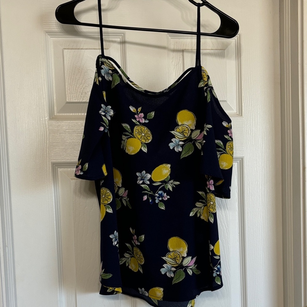 Strappy, Off the shoulder Lemon and floral print top.